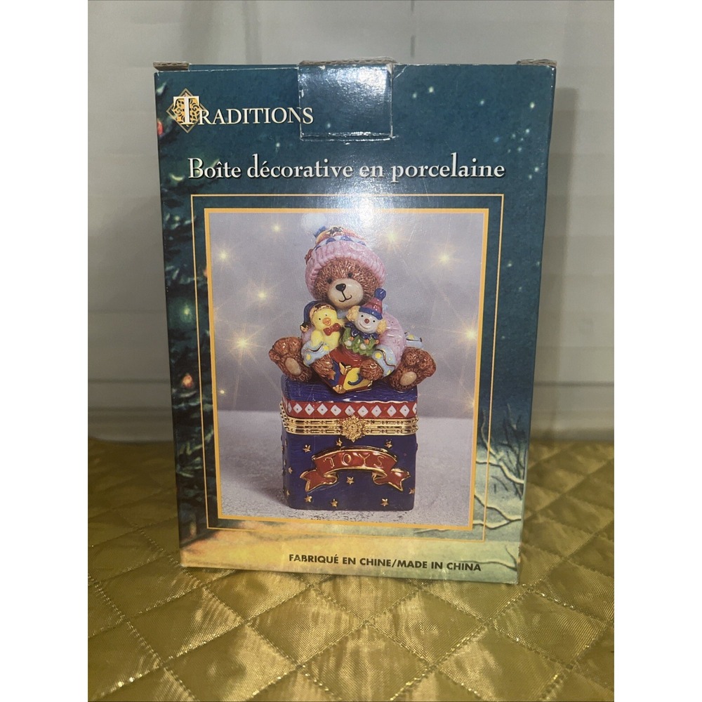 Traditions Porcelain Hinged Keepsake Decorative Jewelry Box Christmas Teddy Bear